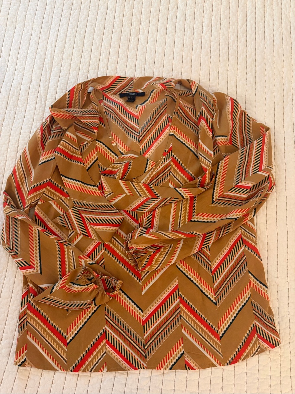 Forever 21 Tan Chevron Tie-Neck Blouse with Red & Black Stripes